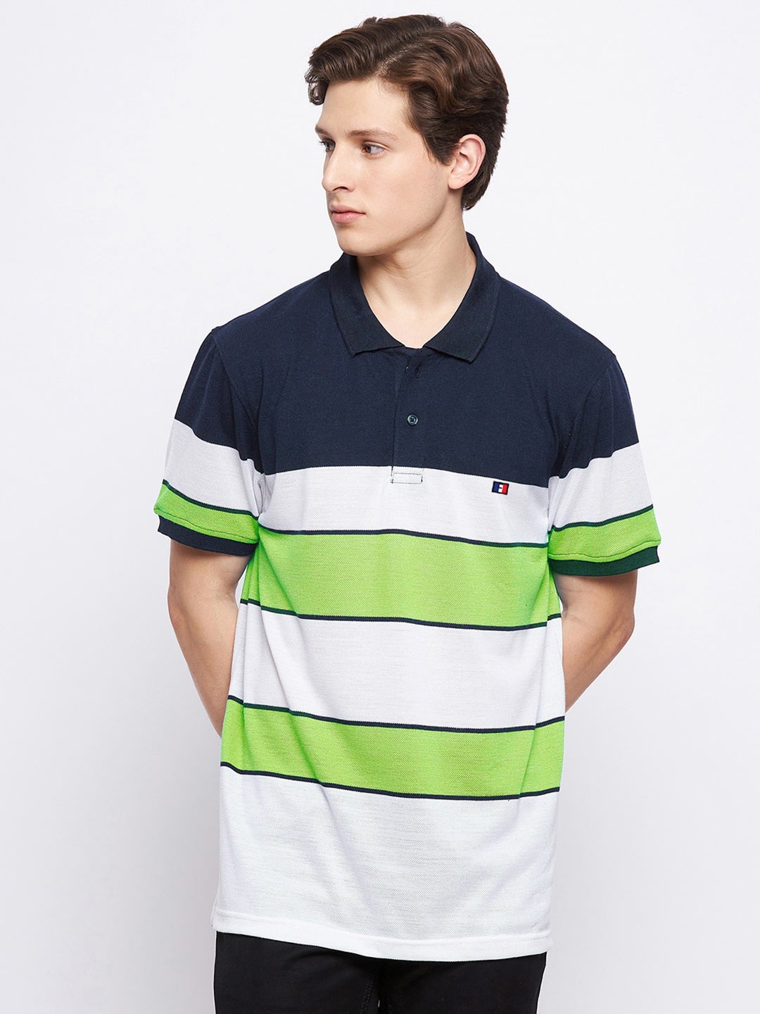 

FRENCH FLEXIOUS Men White & Green Striped Polo Collar Cotton T-shirt