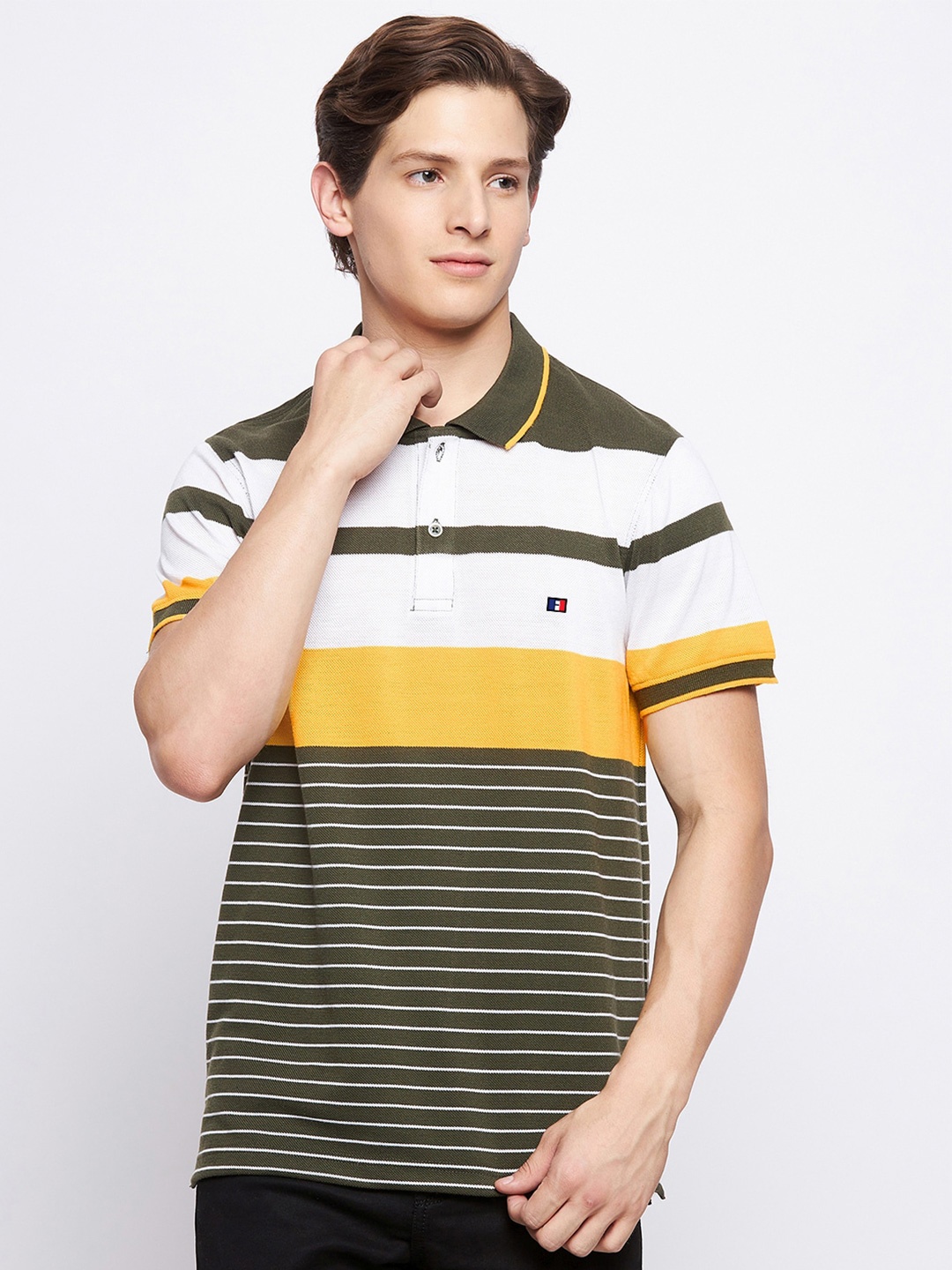 

FRENCH FLEXIOUS Men Olive Green & White Striped Polo Collar T-shirt