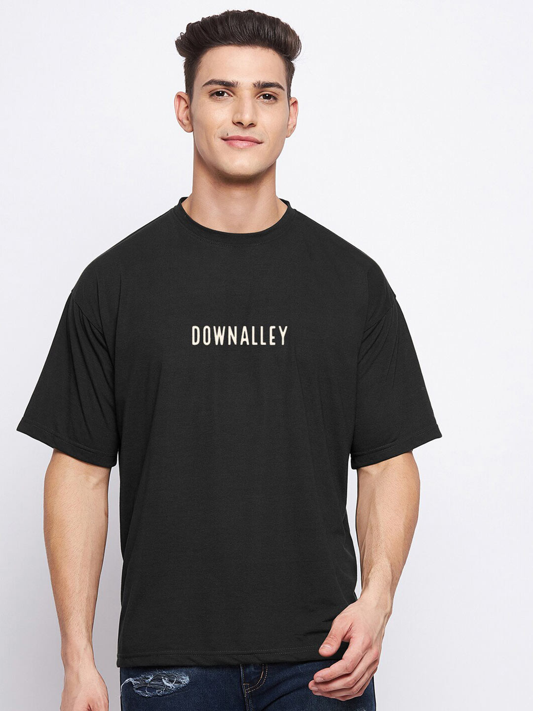 

FRENCH FLEXIOUS Men Black Typography Monochrome Loose T-shirt