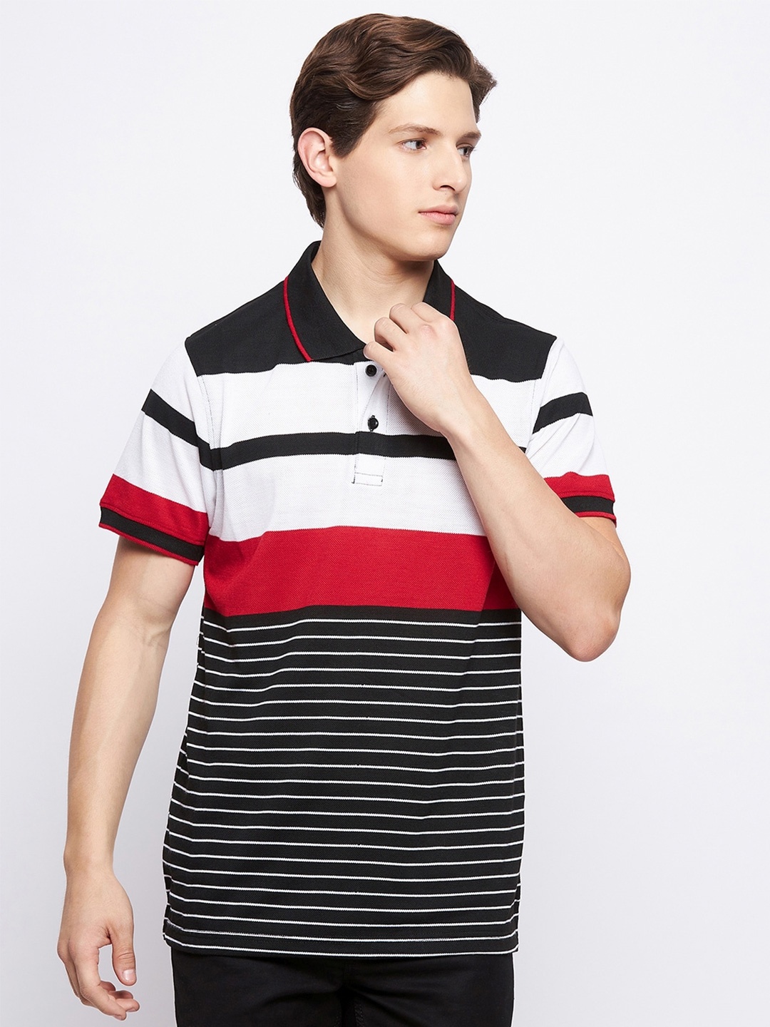 

FRENCH FLEXIOUS Men Multicoloured Striped Polo Collar T-shirt, Multi