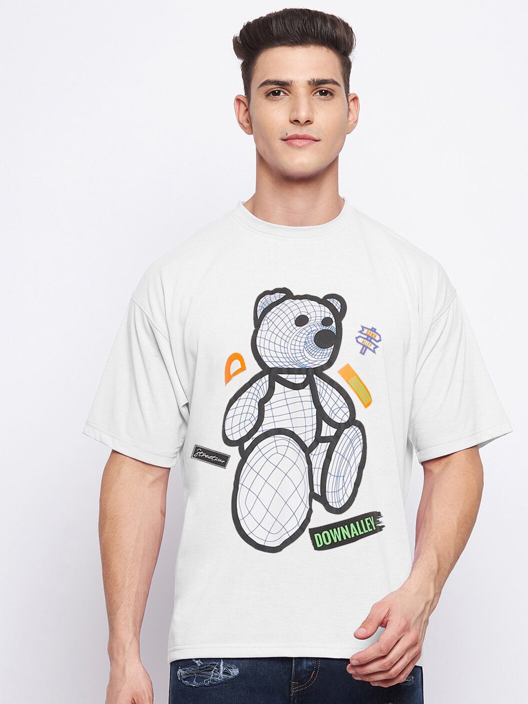 

FRENCH FLEXIOUS Men White Printed Drop-Shoulder Sleeves Loose T-shirt