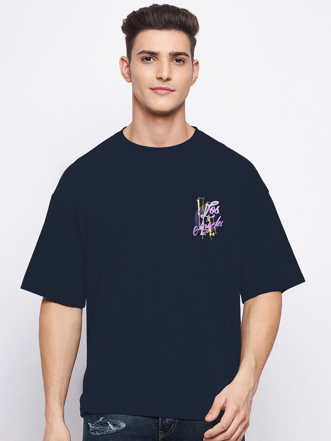 

FRENCH FLEXIOUS Men Navy Blue Typography Oversized T-shirt 96% Cotton