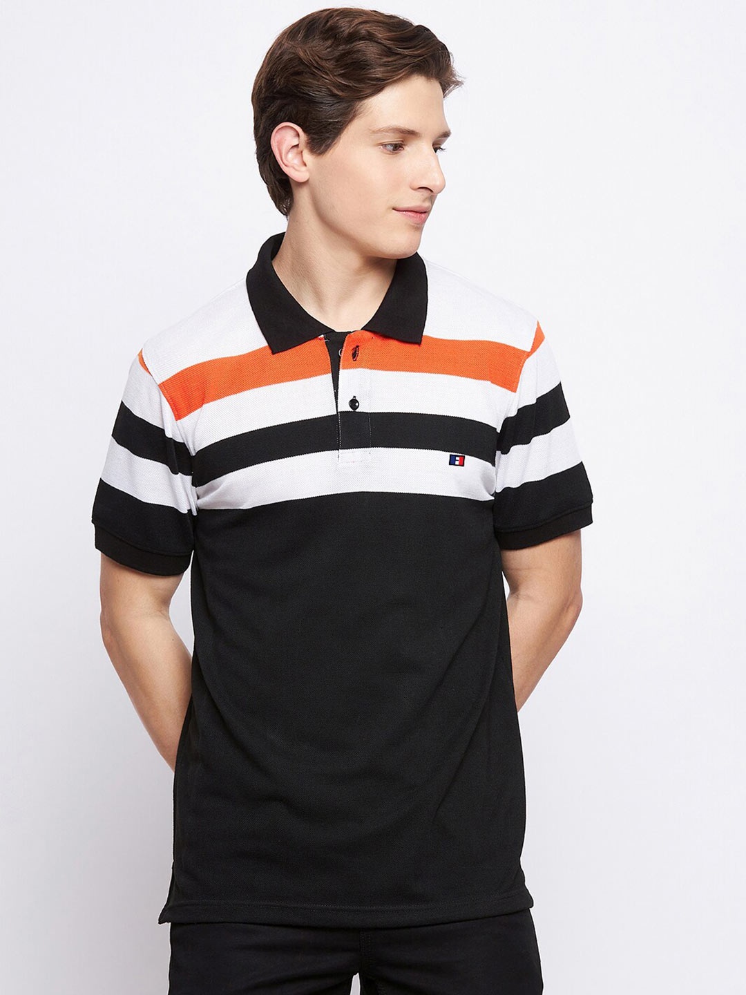

FRENCH FLEXIOUS Men Black & White Striped Polo Collar T-shirt