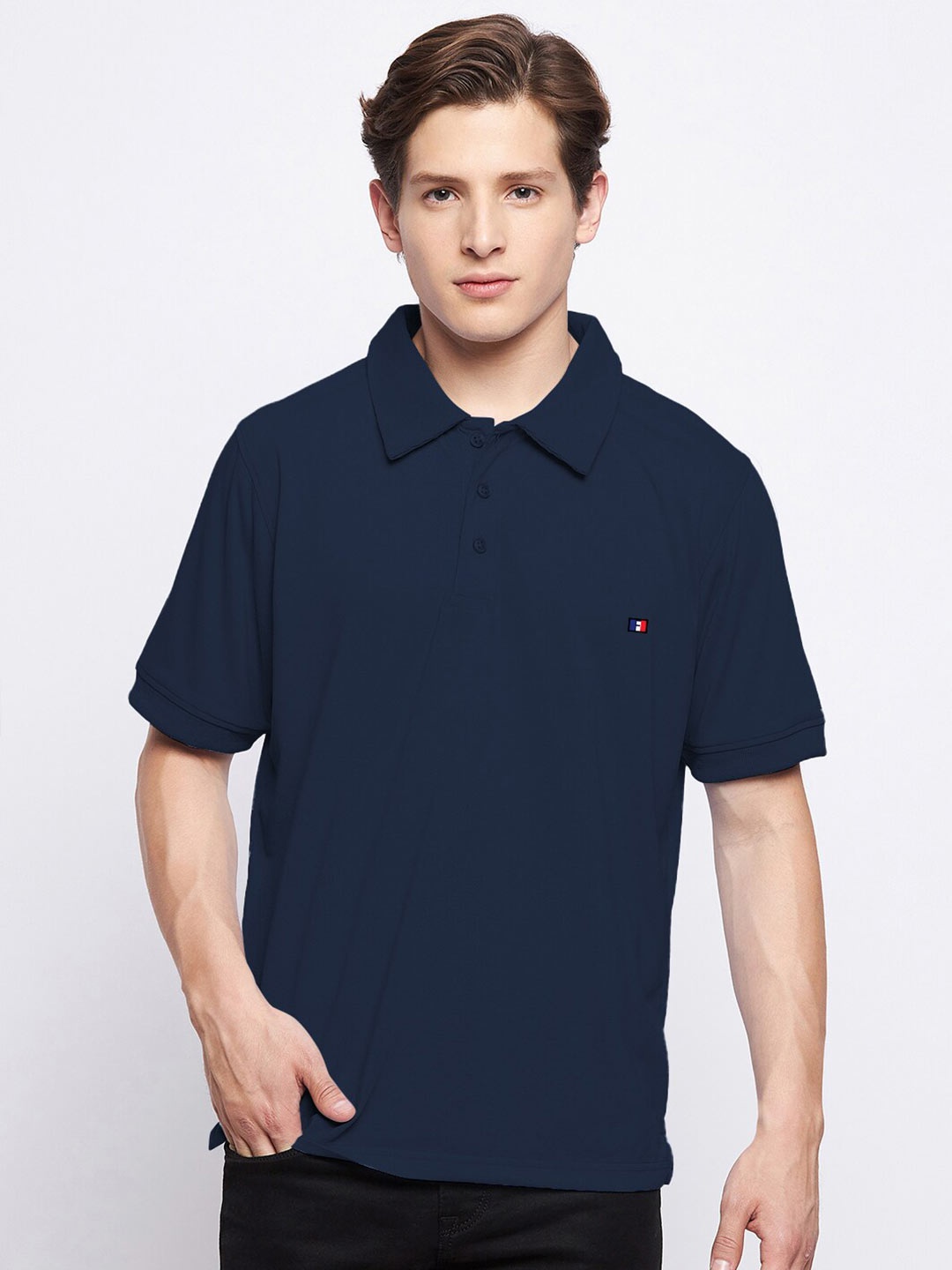 

FRENCH FLEXIOUS Men Navy Blue Solid Polo Collar Sports T-shirt