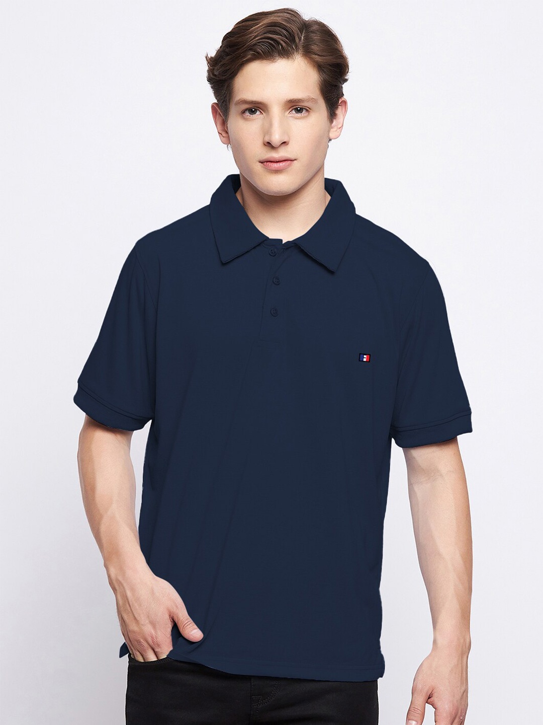 

FRENCH FLEXIOUS Men Navy Blue Polo Collar T-shirt