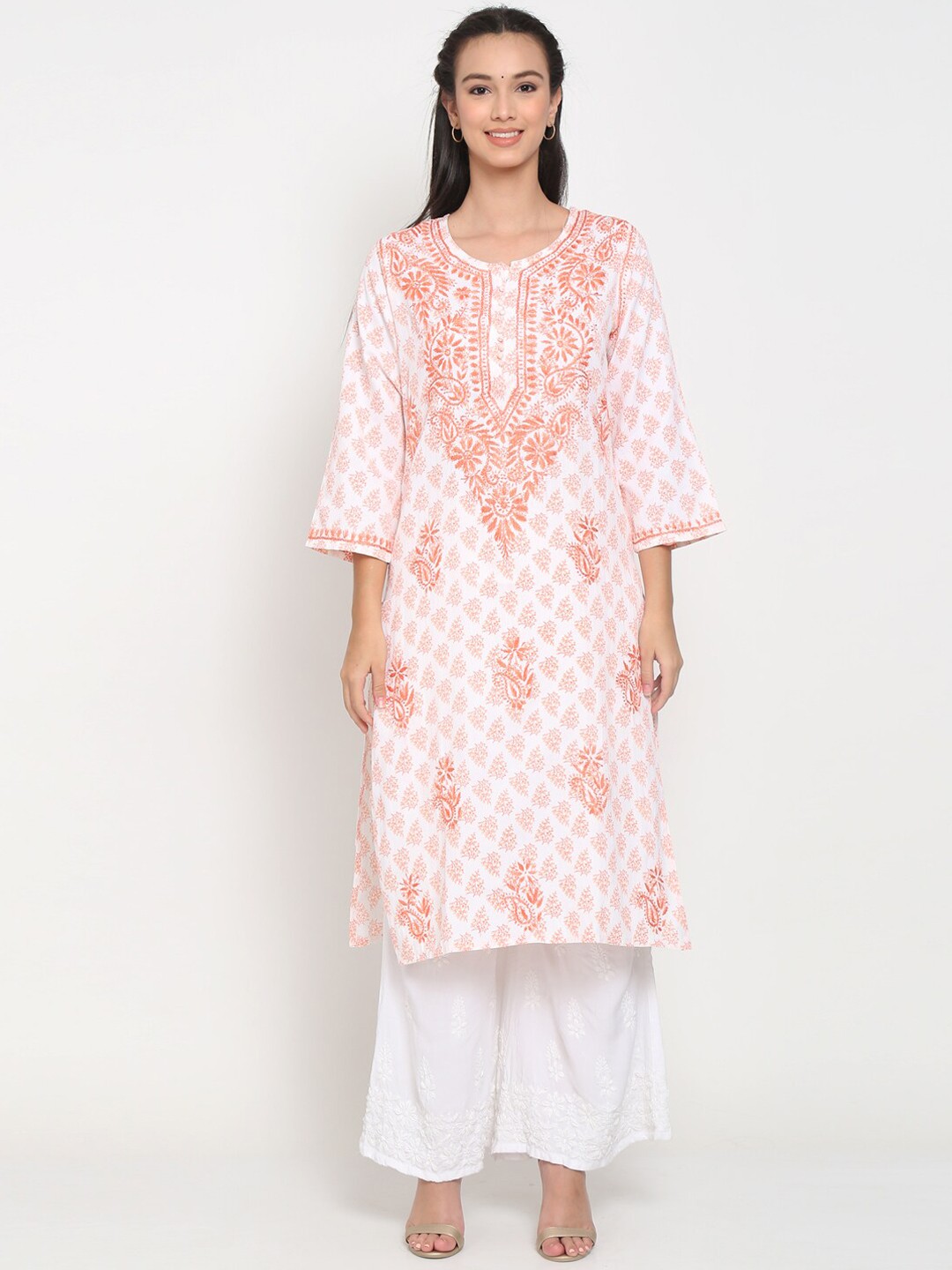 

PARAMOUNT CHIKAN Women White & Orange Ethnic Motifs Embroidered Flared Sleeves Chikankari Floral Kurta
