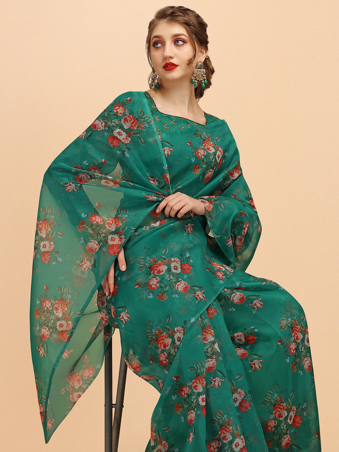 

Sangria Green & Red Floral Organza Saree