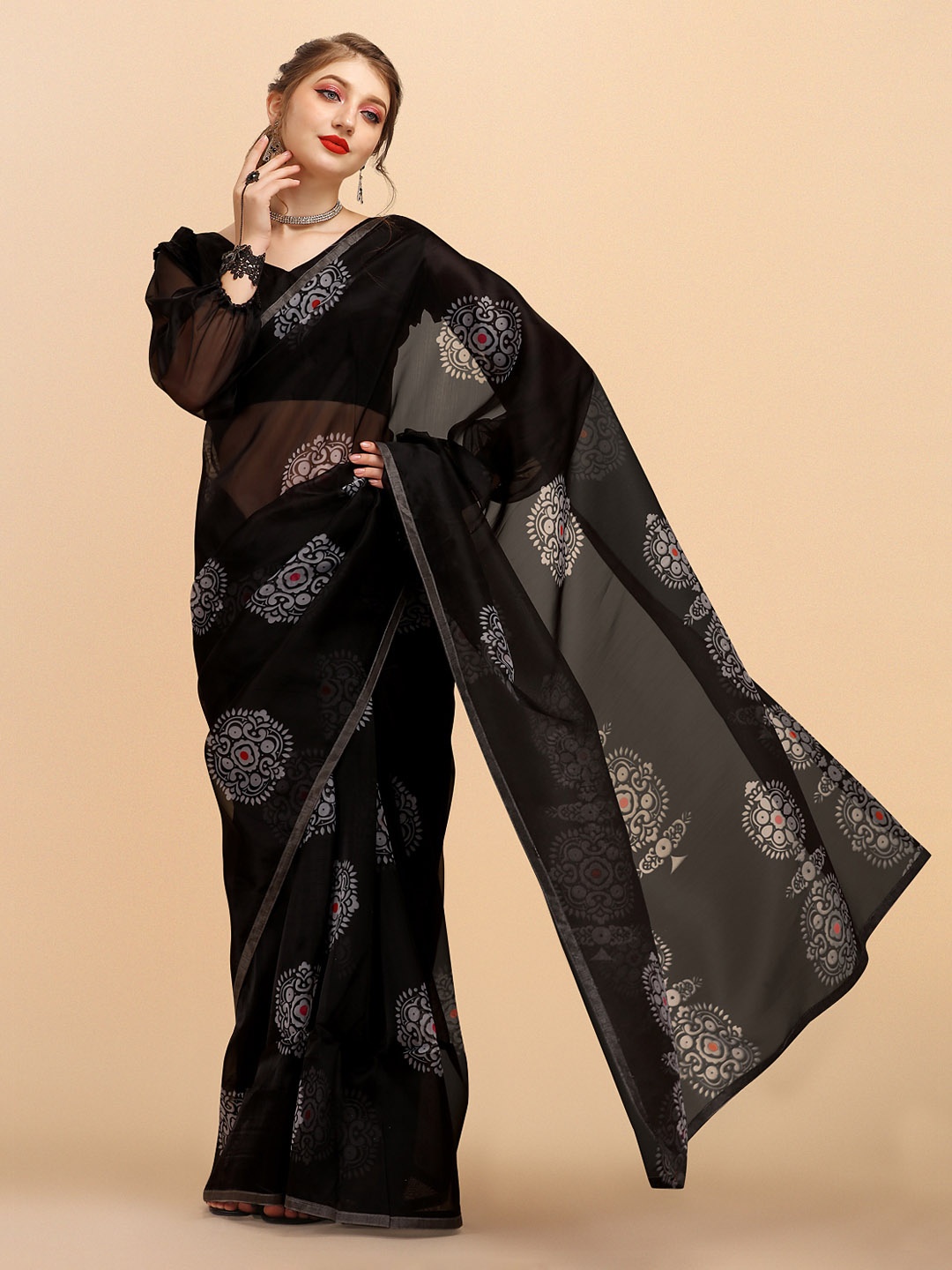 

Sangria Black & Grey Ethnic Motifs Organza Saree