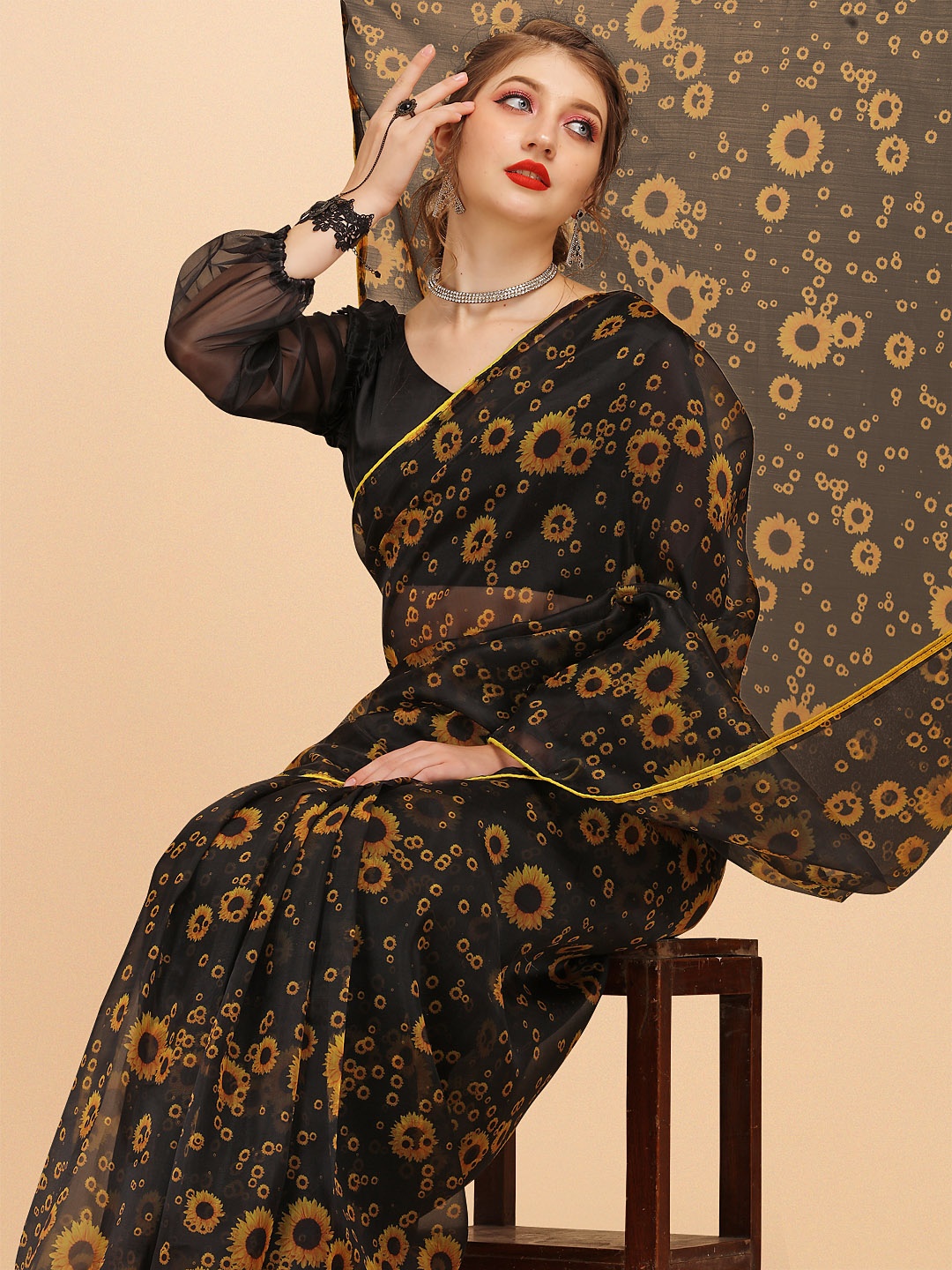 

Sangria Black & Yellow Floral Printed Organza Saree