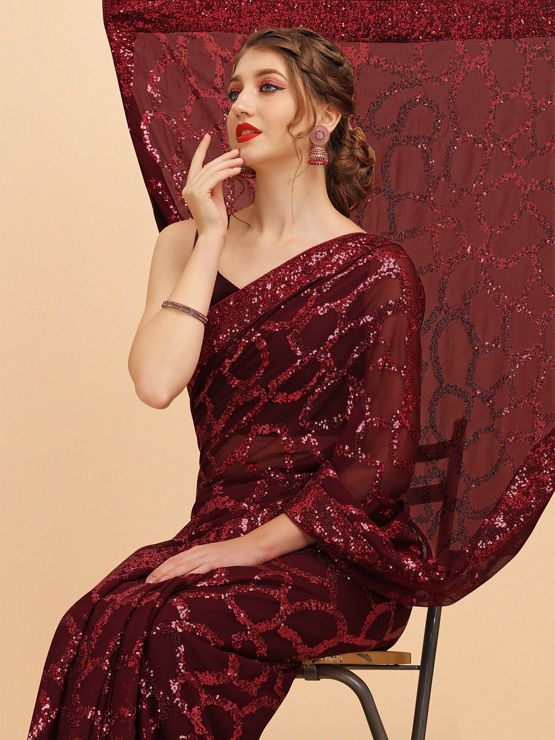 Sangria Burgundy Sequinned Pure Georgette Heavy Work Saree