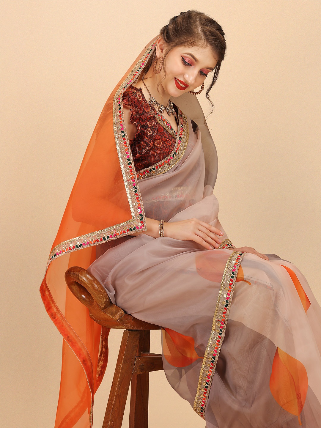 

Sangria Grey & Yellow Embellished Embroidered Organza Saree