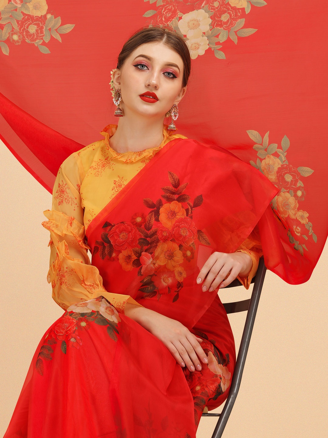 

Sangria Red & Yellow Floral Organza Saree