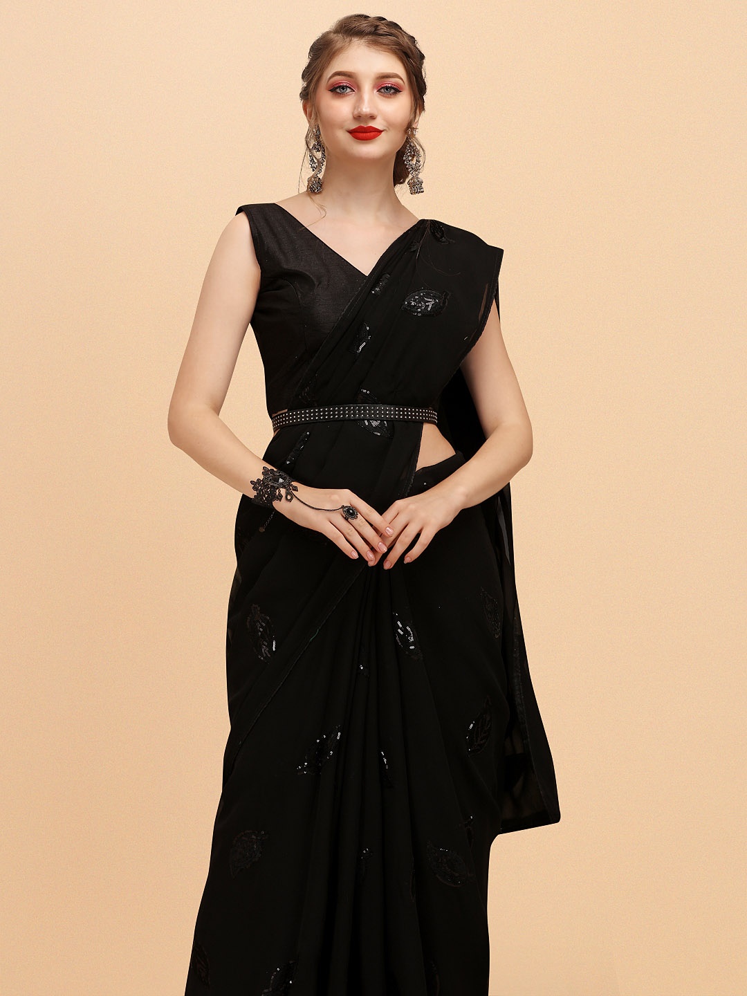 

Sangria Black & Silver-Toned Embellished Sequinned Pure Georgette Saree