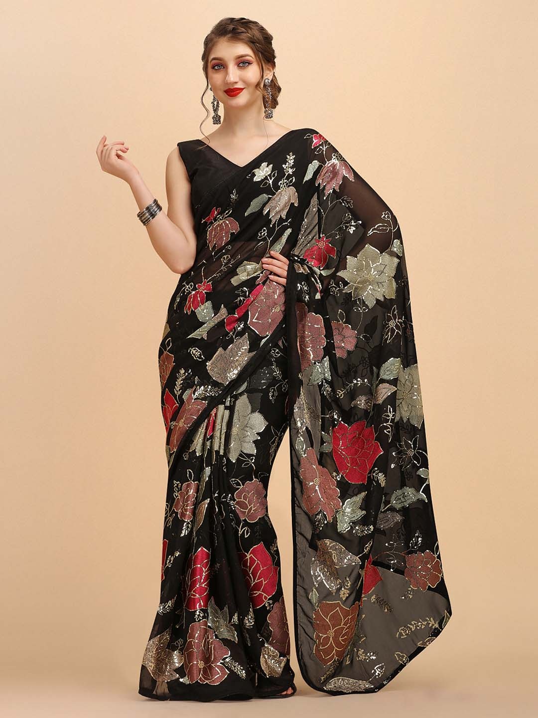 Sangria Black & Red Floral Sequinned Pure Georgette Saree
