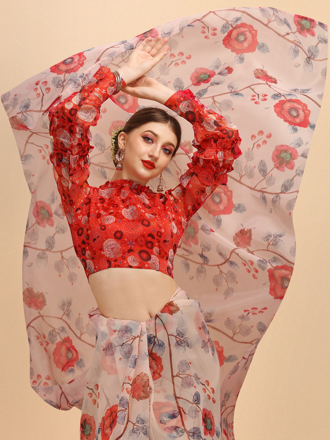

Sangria Pink & Red Floral Organza Saree