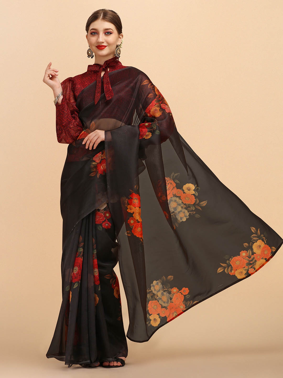 

Sangria Black & Maroon Floral Organza Saree