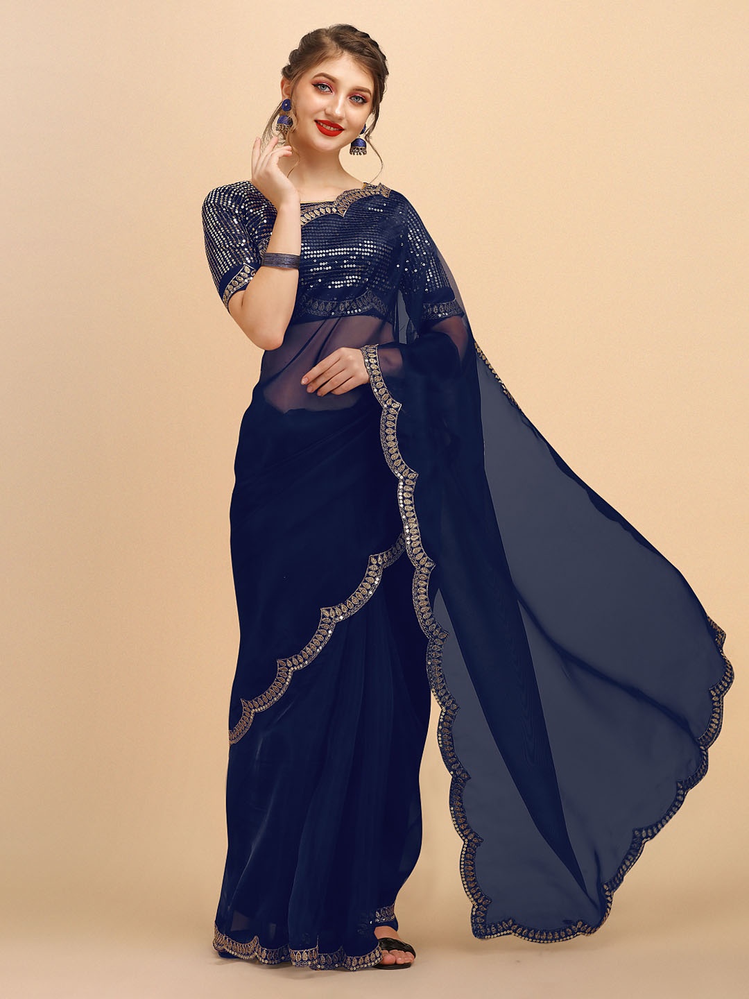 

Sangria Navy Blue & Gold-Toned Embellished Embroidered Organza Saree