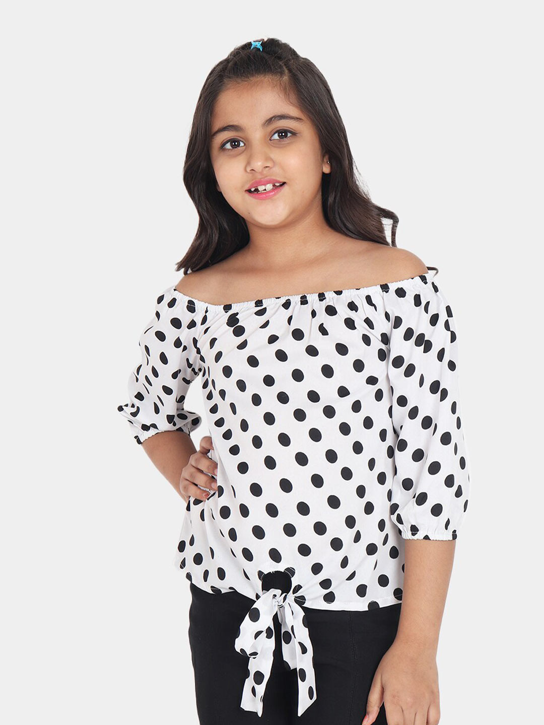 

YK Girls White & Black Polka Print Off-Shoulder Bardot Top