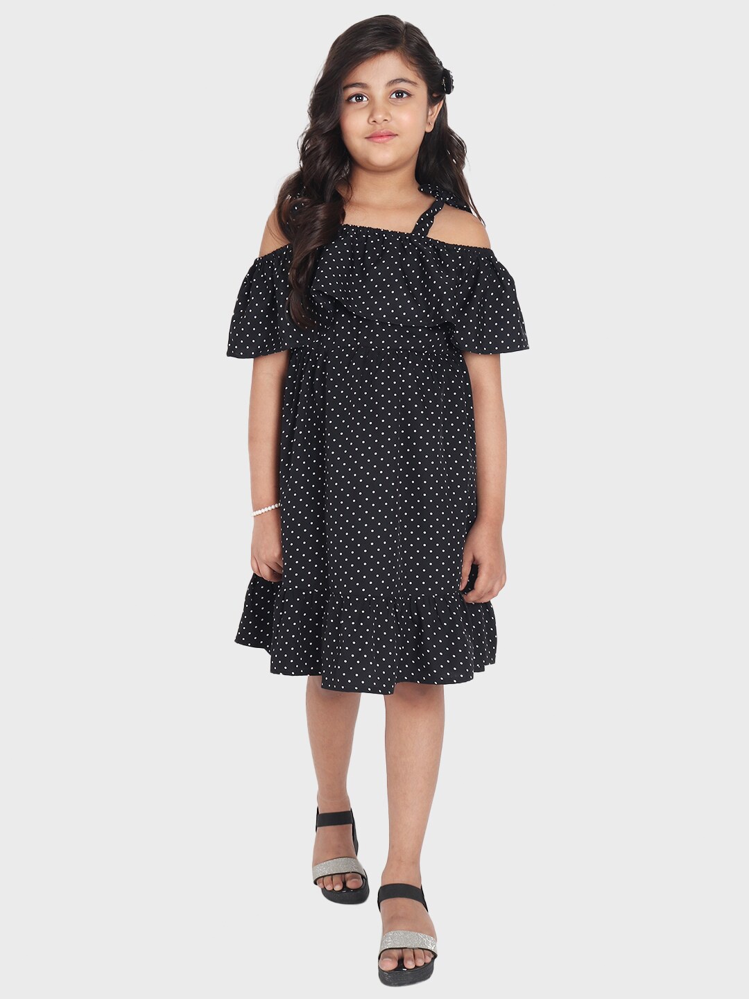 

YK Girls Black Polka Cold shoulder Crepe Dress