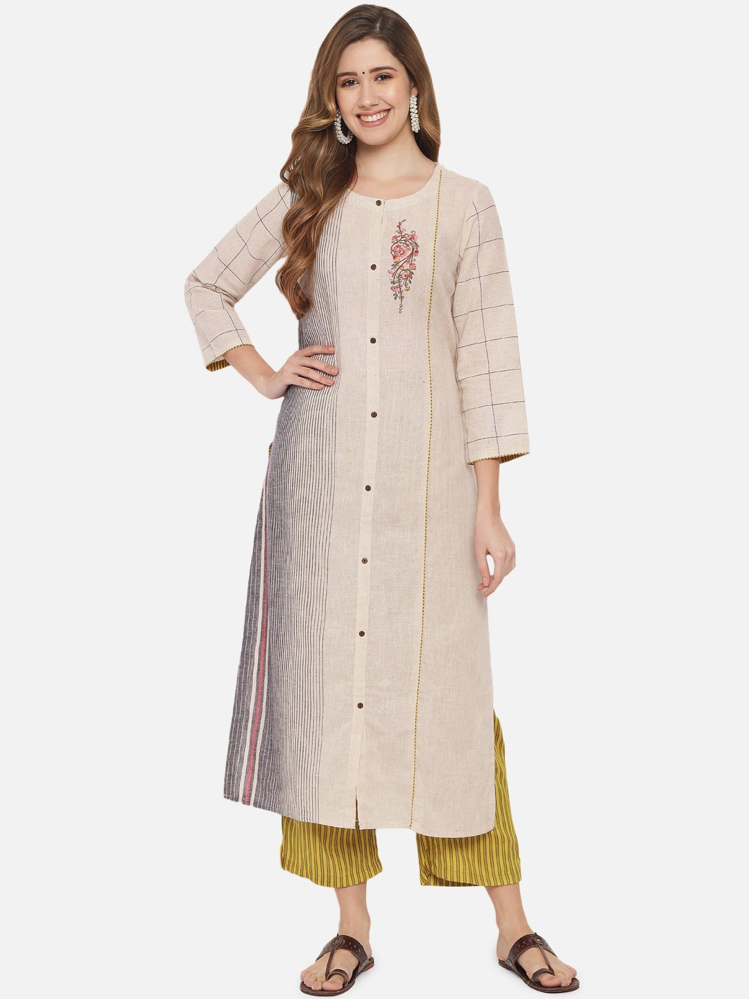 

Jansi Women Cream-Coloured Striped Kurta with Palazzos