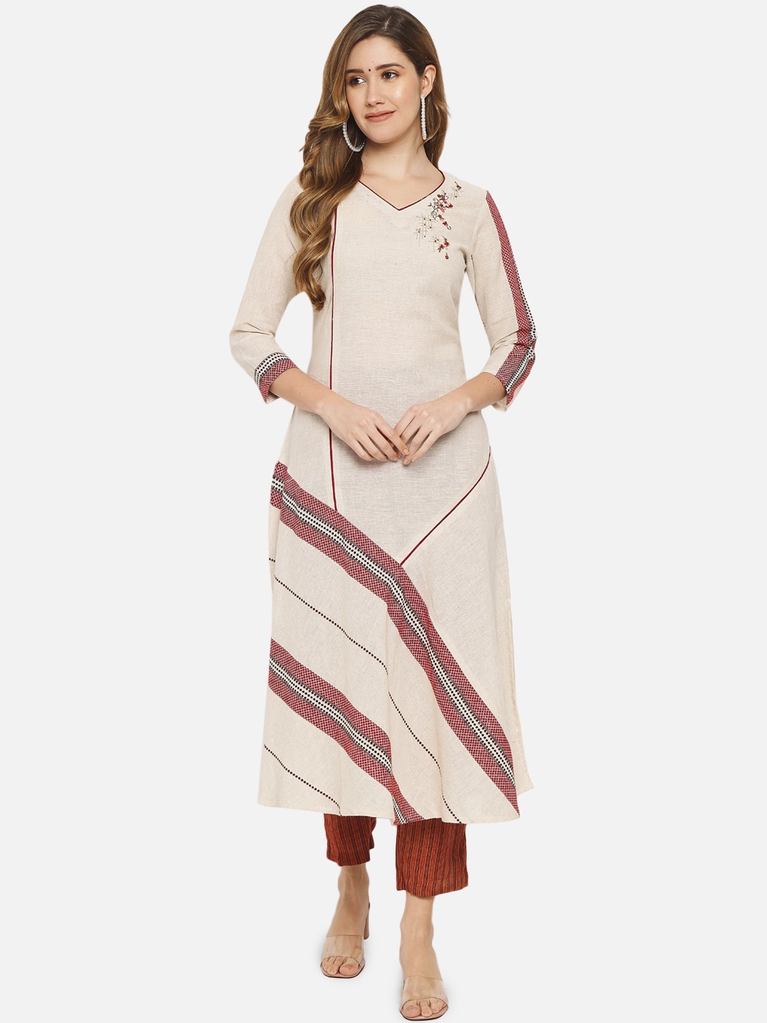 

Jansi Women Cream-Coloured Printed Kurti with Trousers
