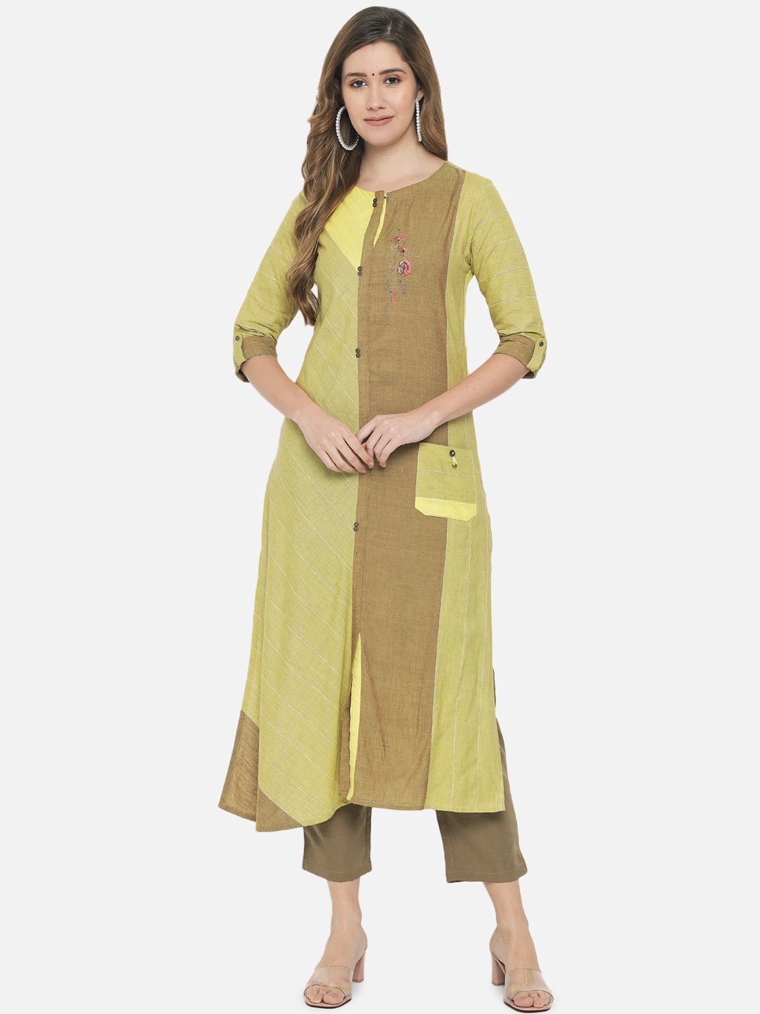 

Jansi Women Lime Green Colourblocked Panelled Kurta with Trousers