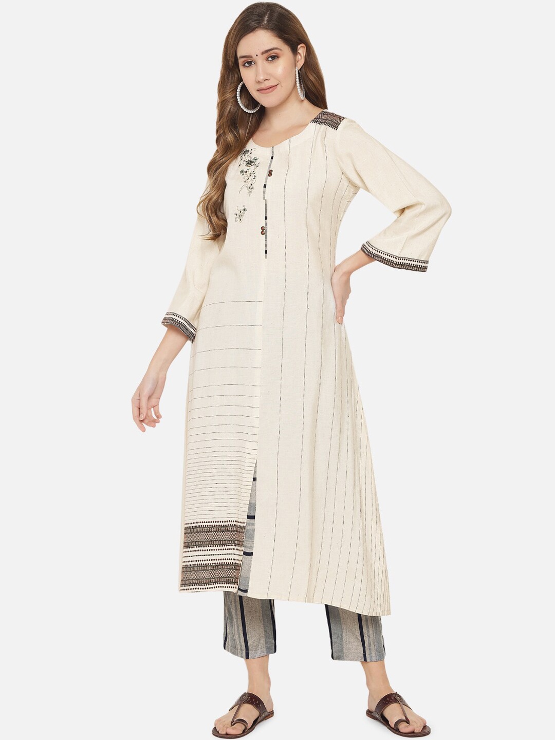 

Jansi Women Cream-Coloured Striped Kurta with Trousers