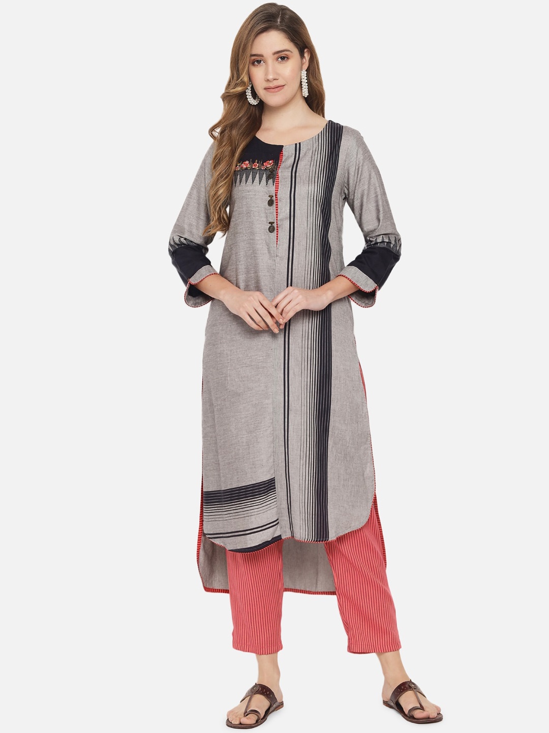 

Jansi Women Grey Printed Kurti with Trousers & With Dupatta