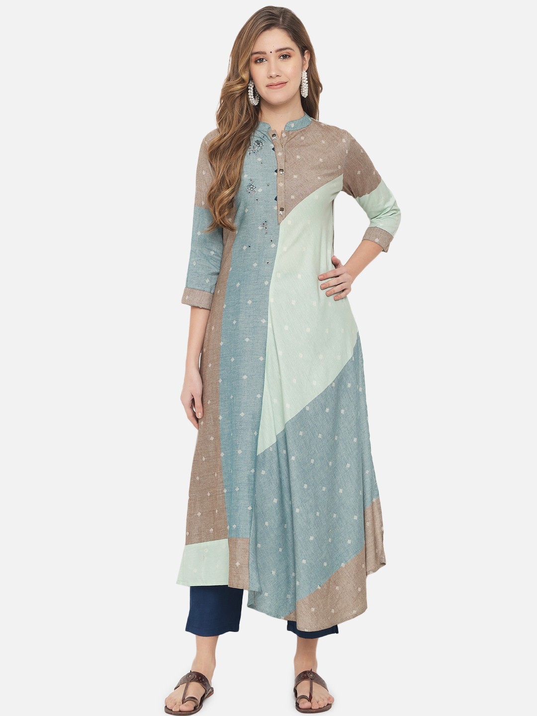 

Jansi Women Turquoise Blue Colourblocked Kurta with Trousers