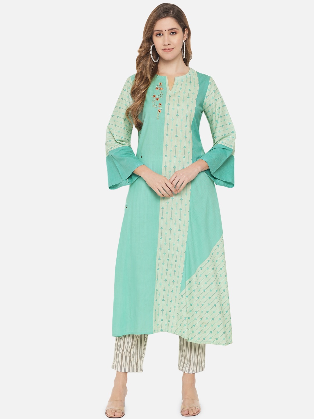 

Jansi Women Sea Green Geometric Printed Kurta with Trousers