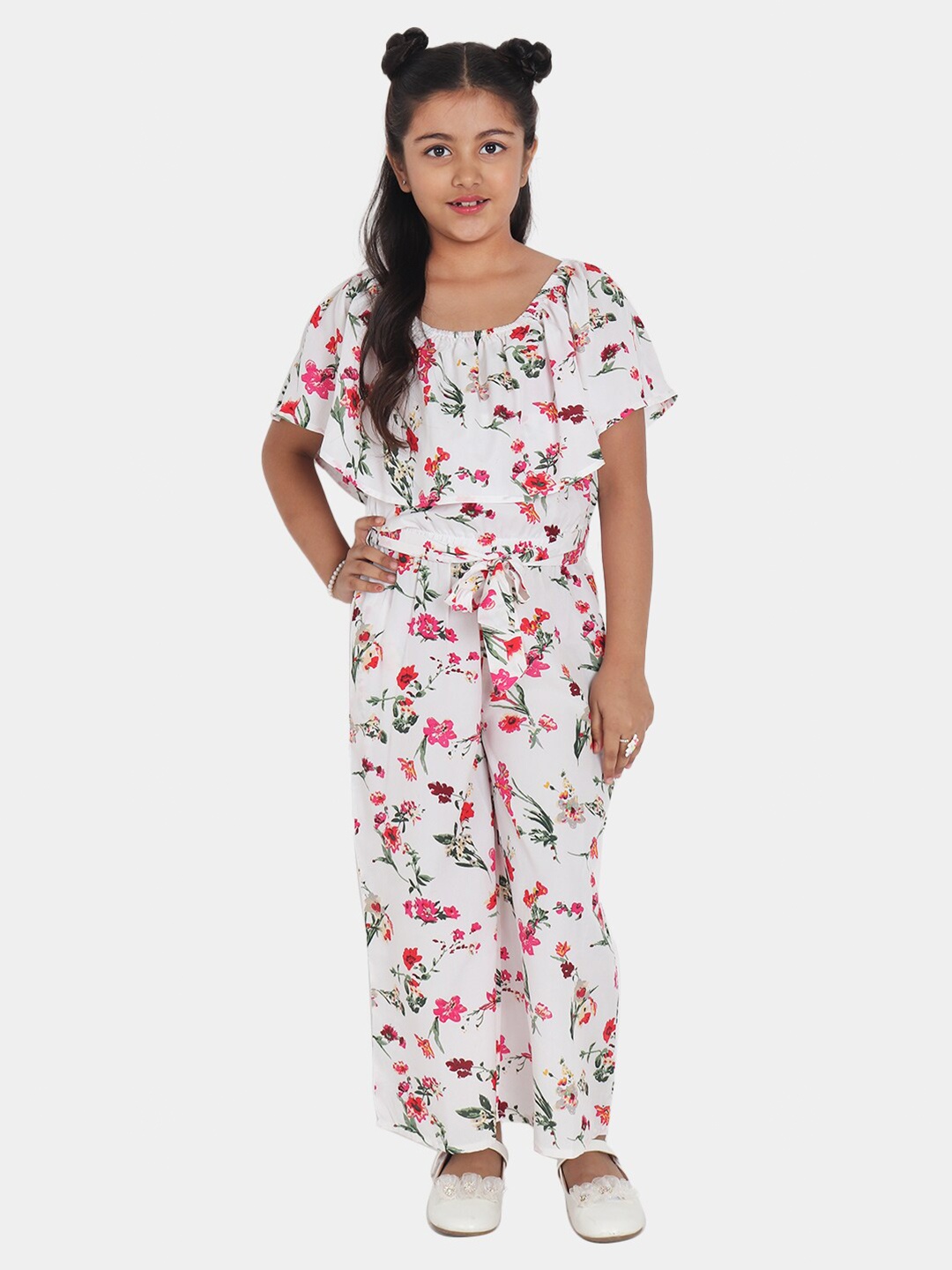 

YK Girls White & Red Floral Printed Basic Jumpsuit