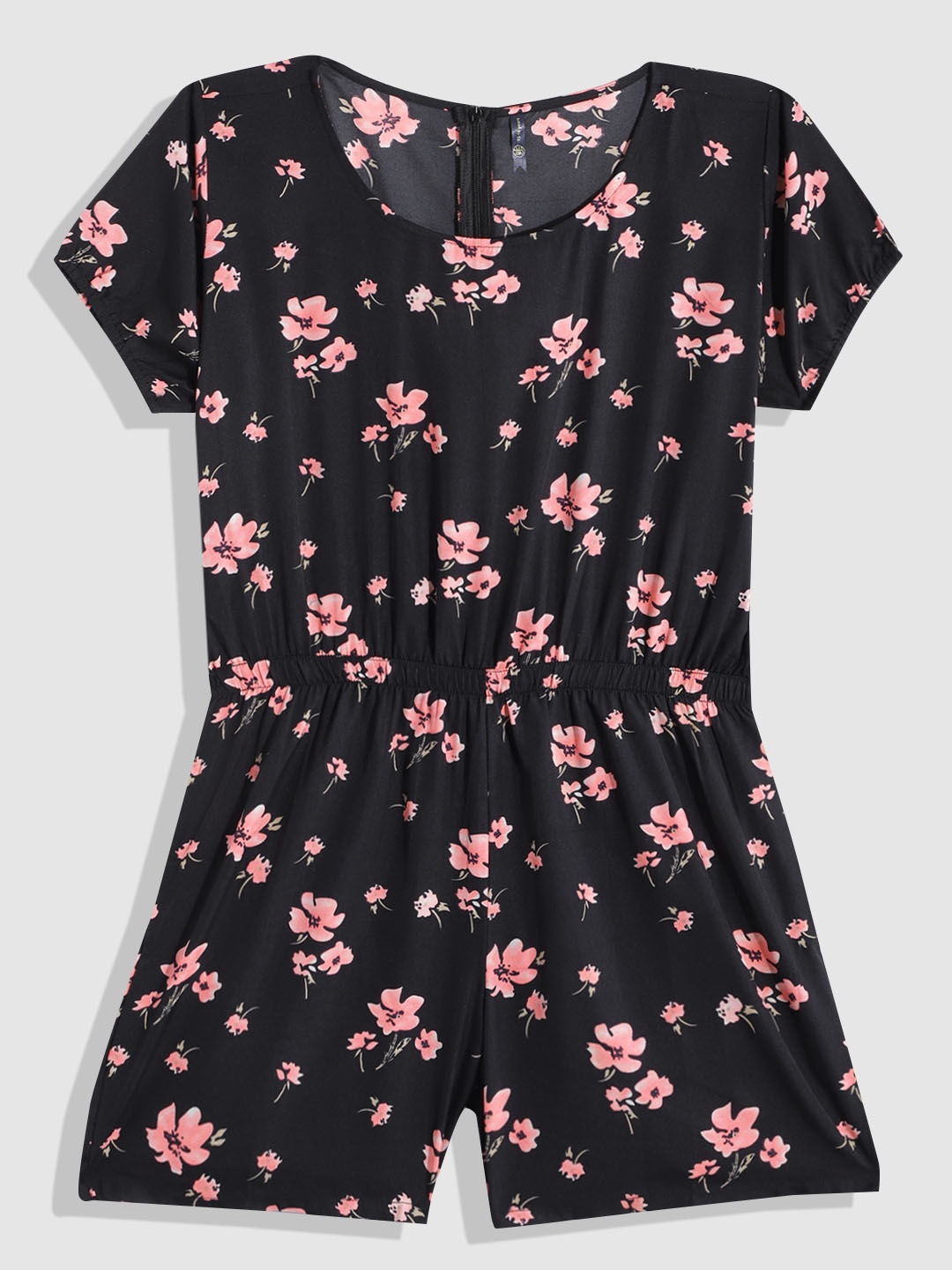 

YK Girls Black & Pink Floral Printed Puff Sleeve Playsuit