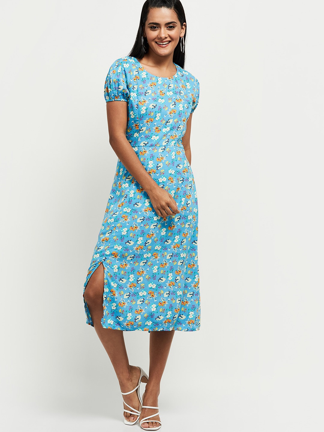 

max Blue & White Floral Midi Dress