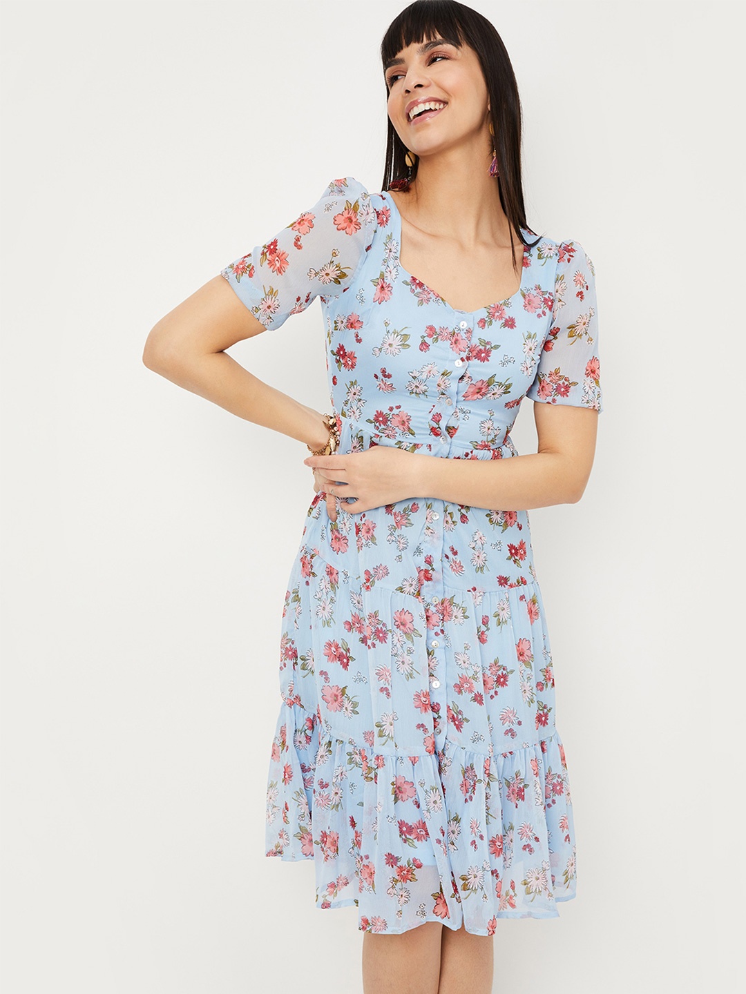 

max Women Blue Floral Printed A-Line Dress