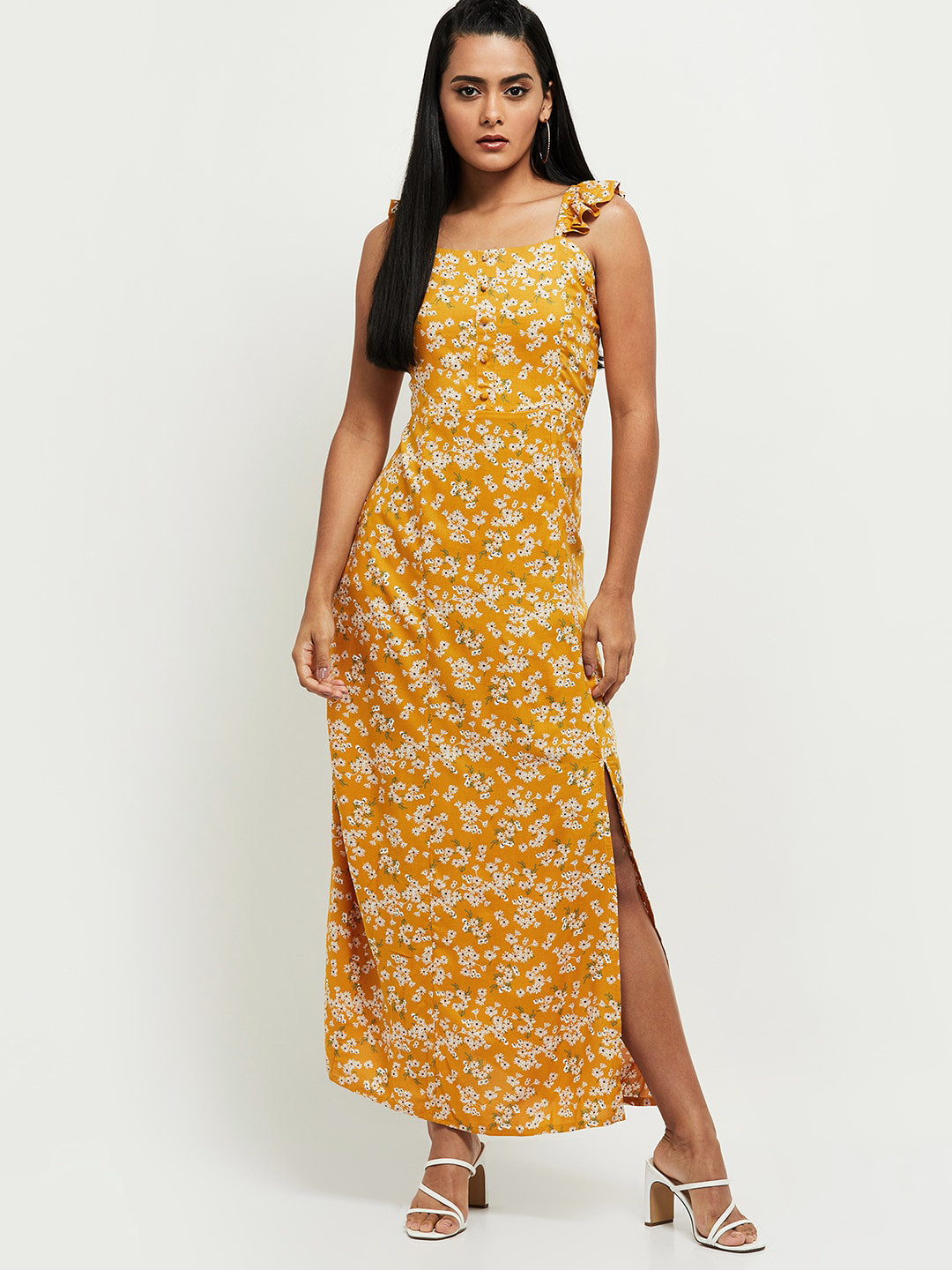 

max Mustard Yellow Floral Printed Maxi Dress