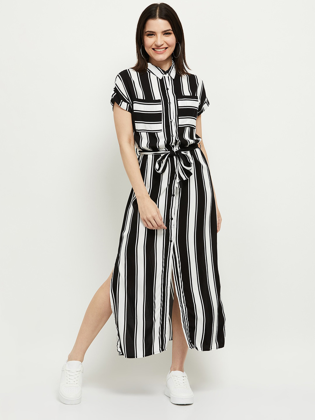 

max Women Black & White Striped Shirt Midi Dress