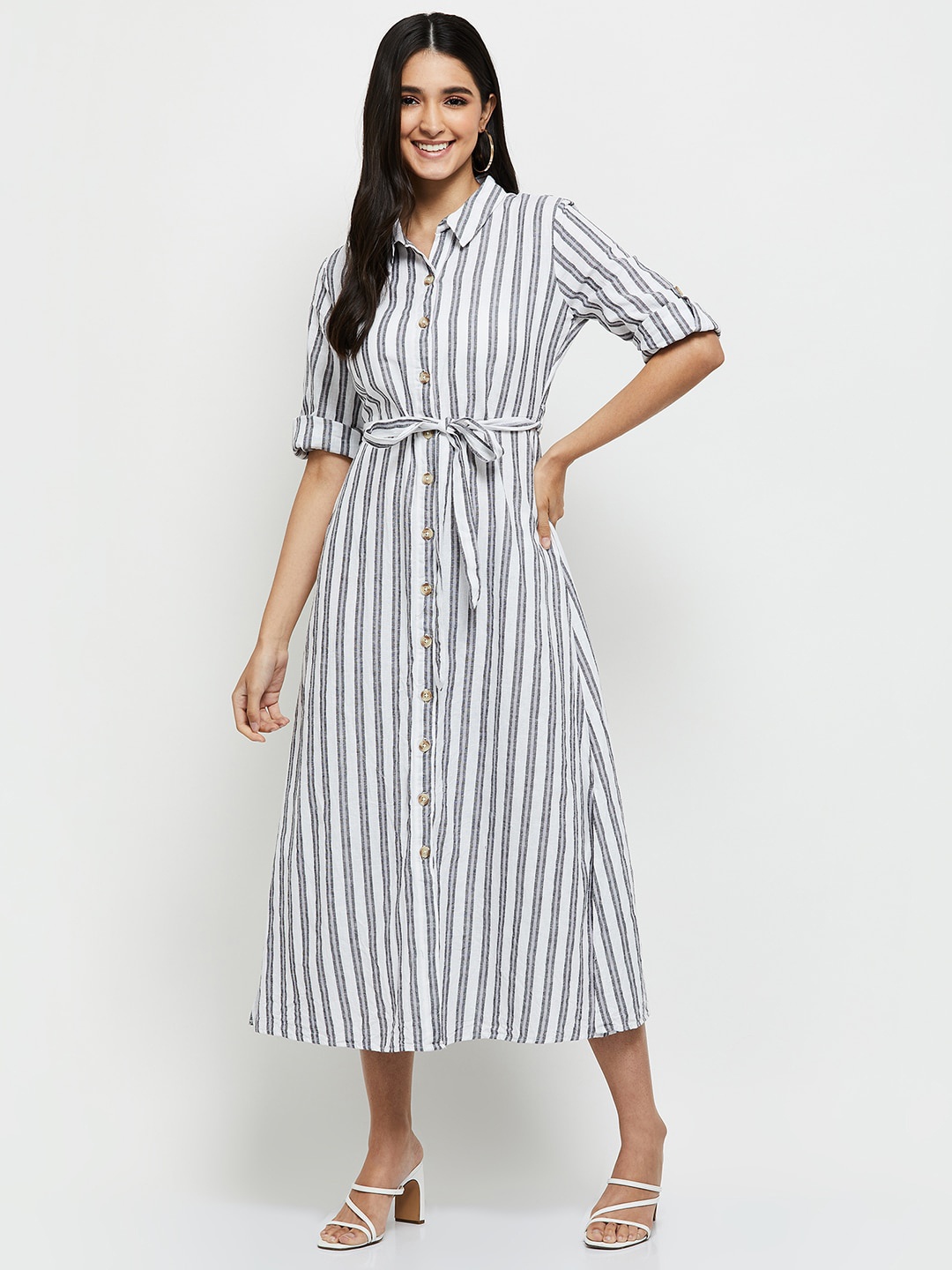 

max Women White Striped Shirt Midi Dress