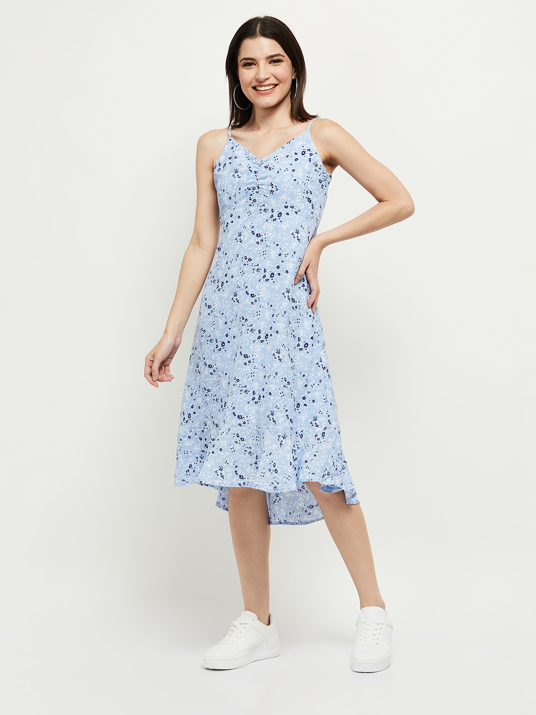 

max Blue & White Floral shoulder Strap Midi Dress