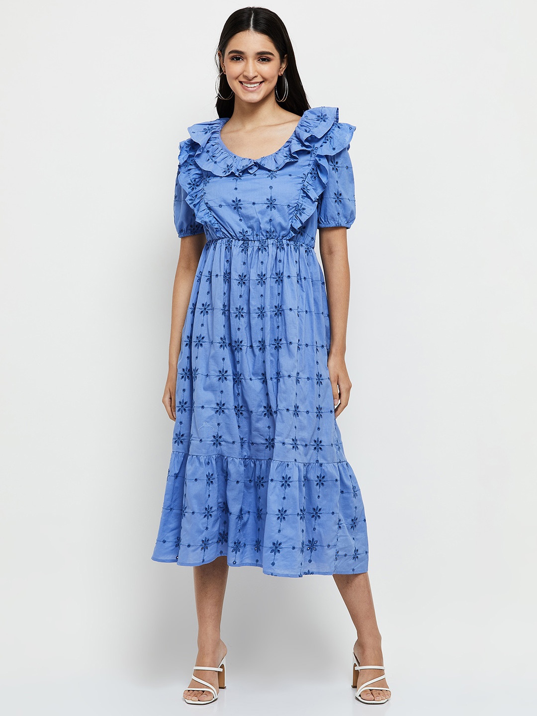 

max Women Blue Schiffli Embroidered Midi Dress