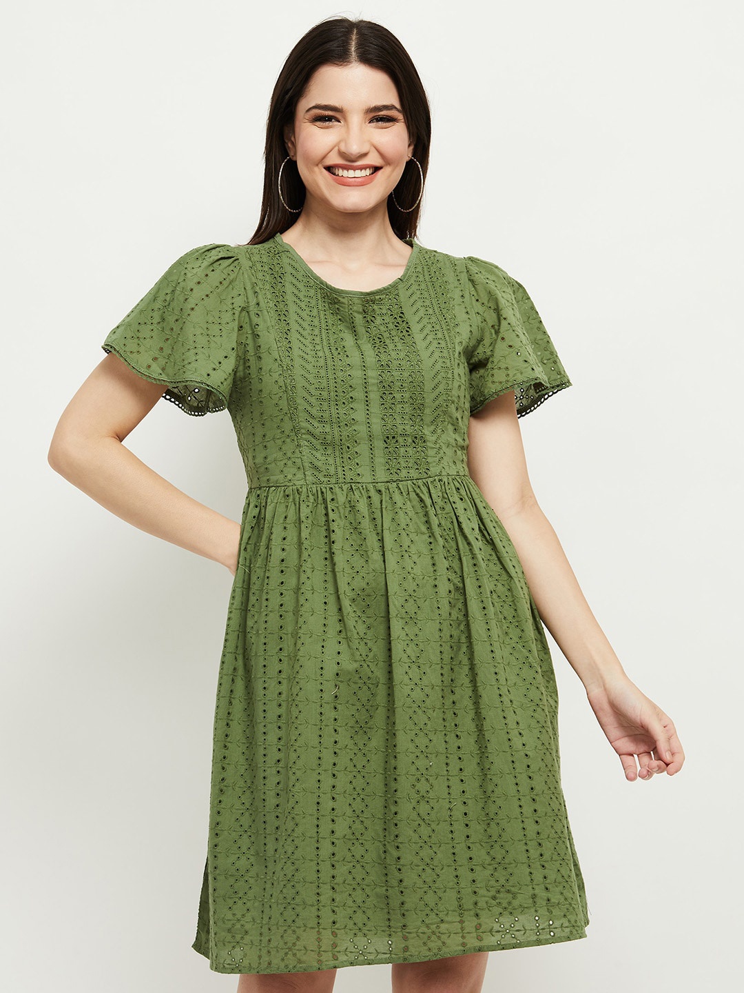 

max Women Olive Green Self Design Dress