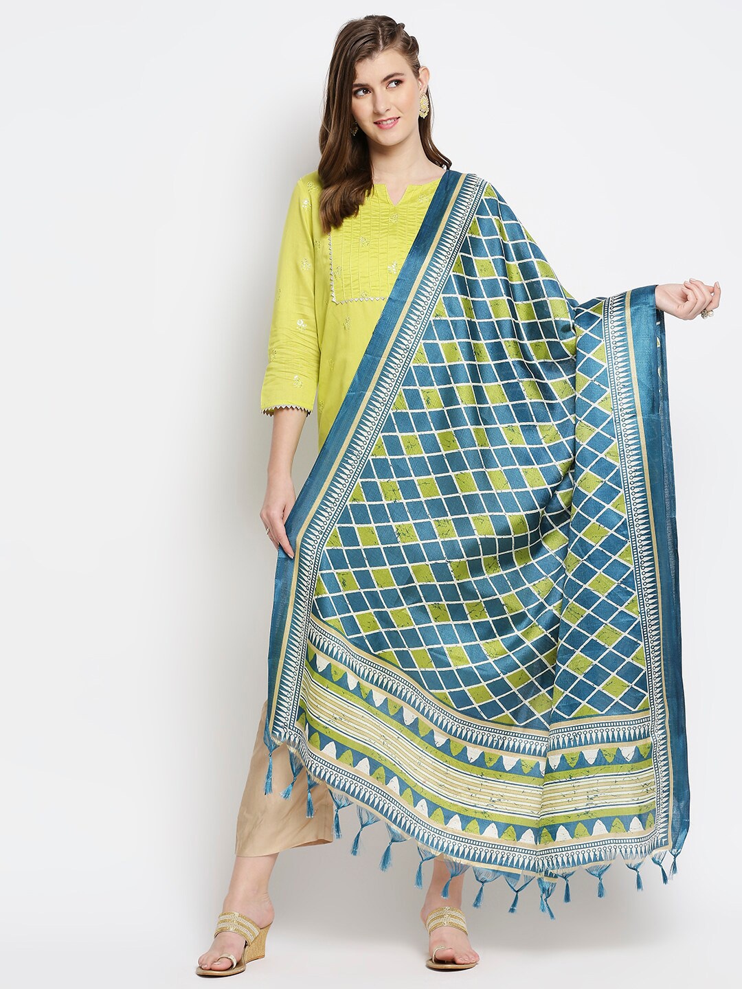 

Dupatta Bazaar Blue & Green Ethnic Motifs Printed Art Silk Dupatta