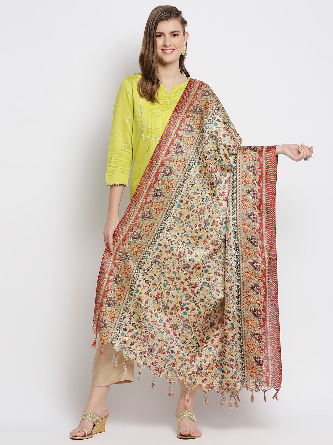 

Dupatta Bazaar Beige & Red Floral Printed Art Silk Dupatta