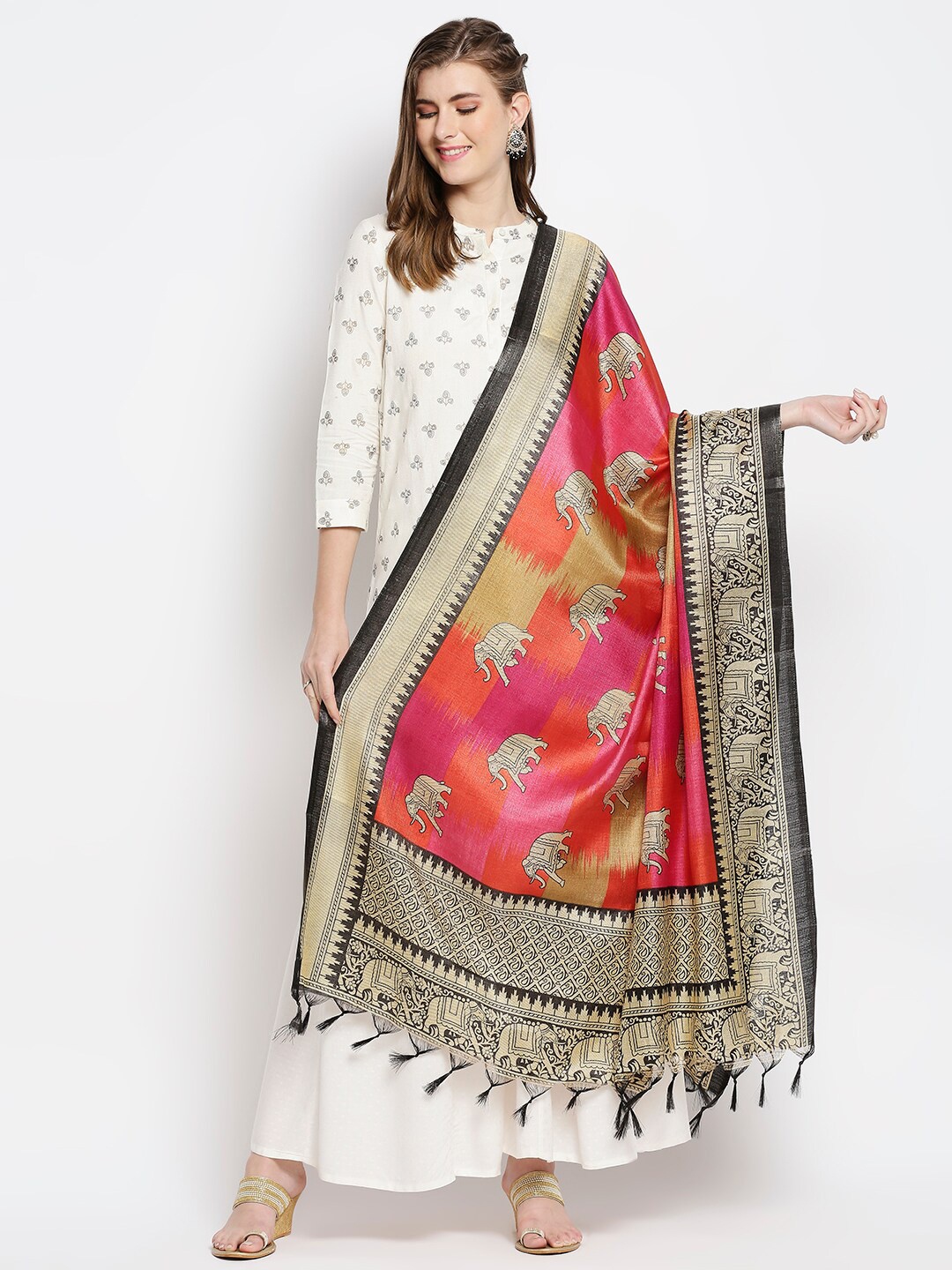 

Dupatta Bazaar Pink & Gold-Toned Ethnic Motifs Printed Art Silk Dupatta