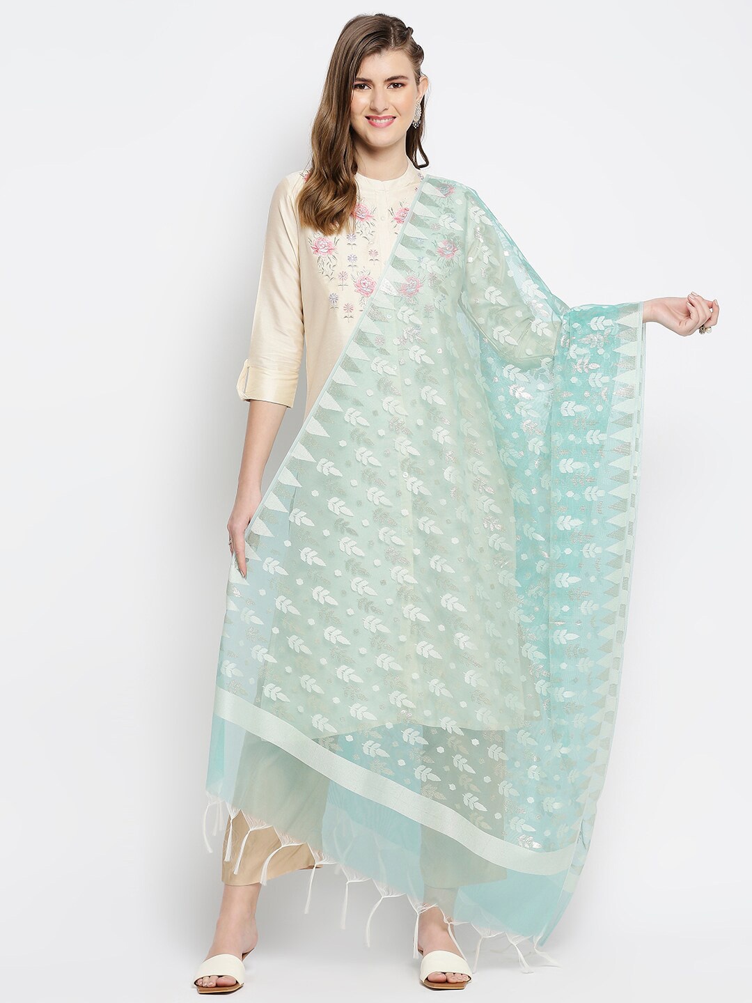 

Dupatta Bazaar Sea Green & Silver Ethnic Motifs Woven Design Banarasi Dupatta with Zari