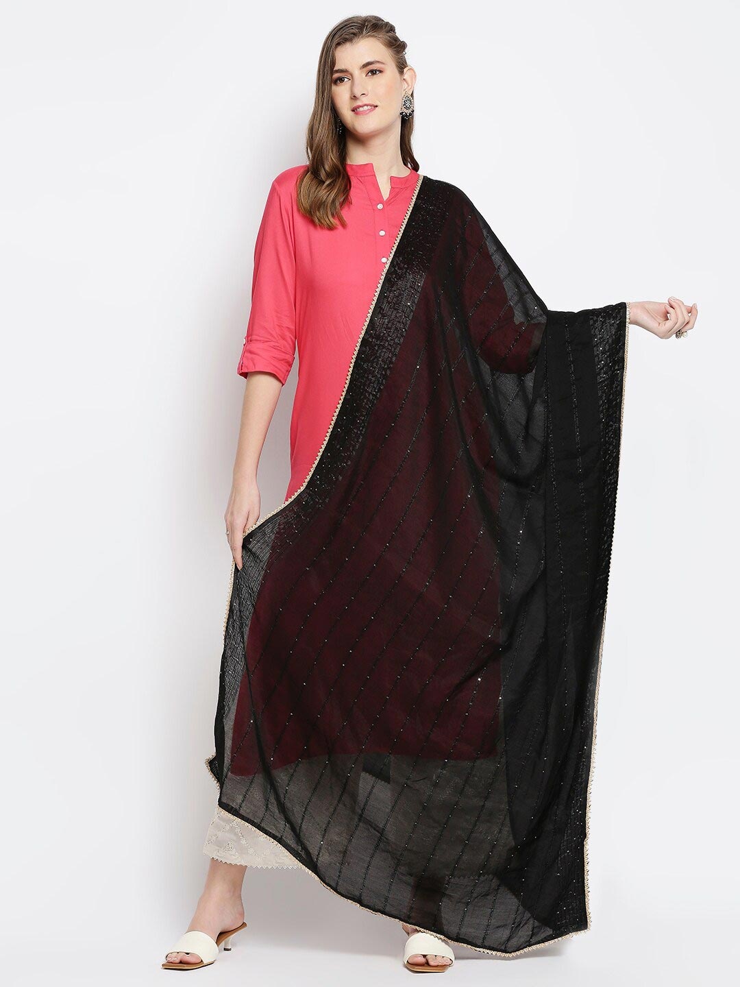 

Dupatta Bazaar Black Striped Sequinned Chanderi Dupatta