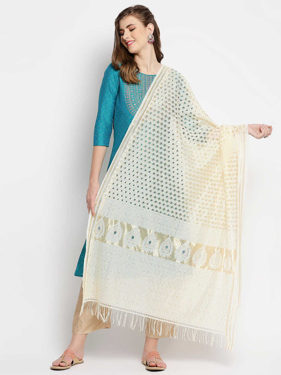 

Dupatta Bazaar Women Cream-Coloured Woven Design Dupatta