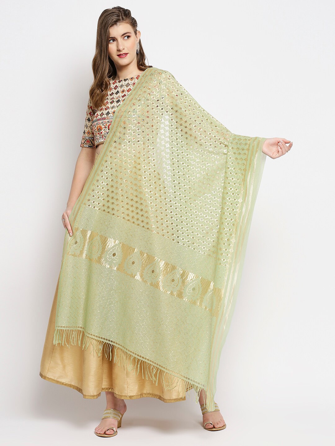 

Dupatta Bazaar Green & Gold-Toned Ethnic Motifs Woven Design Dupatta with Zari