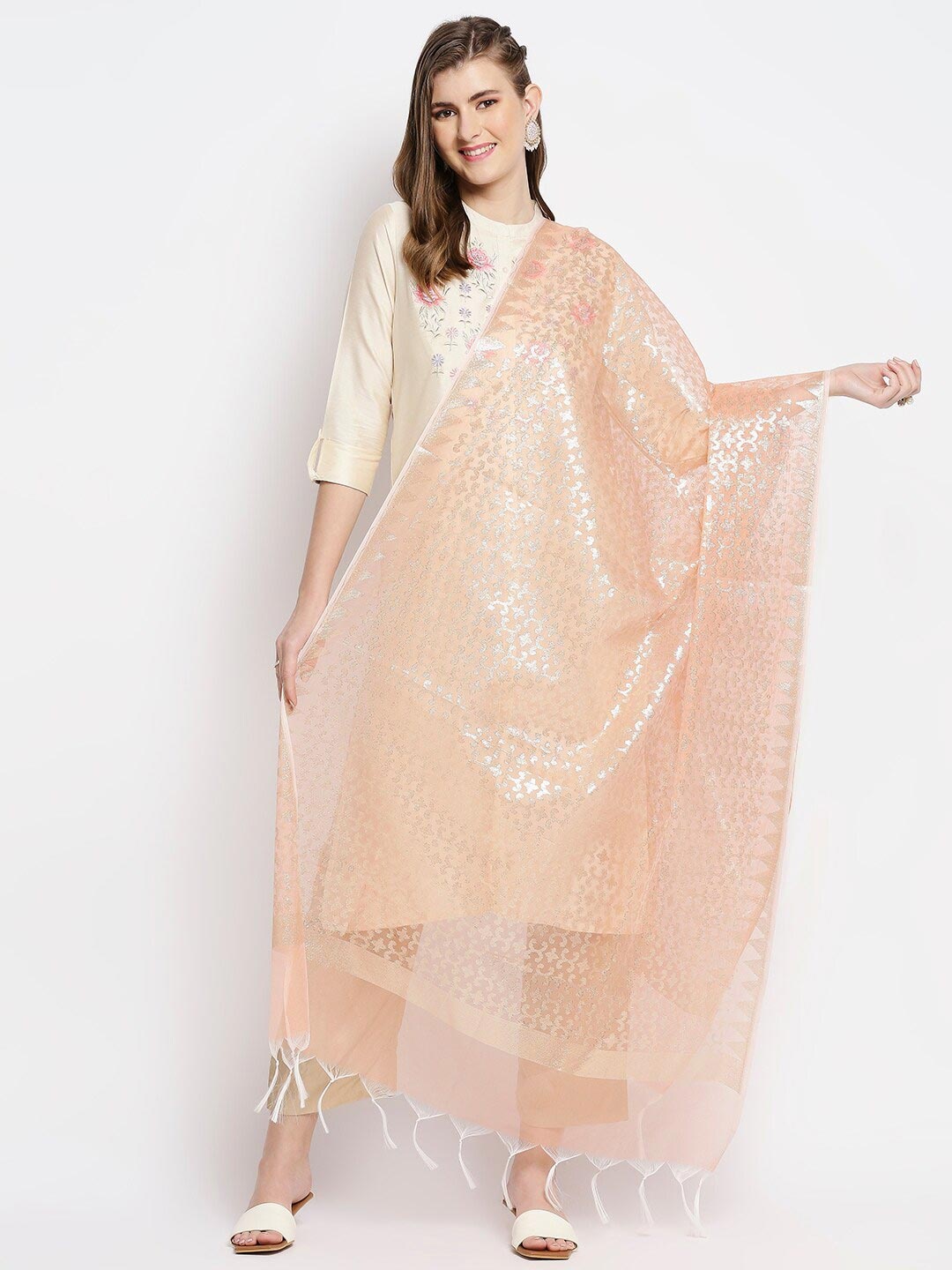 

Dupatta Bazaar Peach-Coloured & Gold-Toned Ethnic Motifs Woven Design Dupatta With Zari