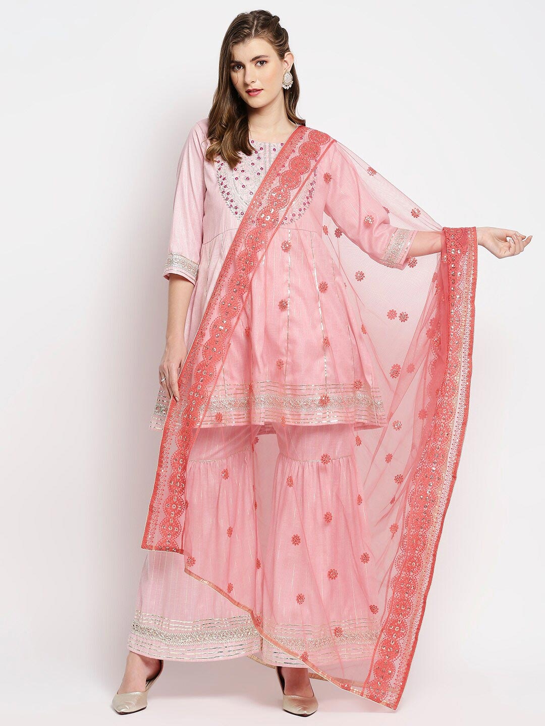 

Dupatta Bazaar Pink & Gold-Toned Ethnic Motifs Embroidered Dupatta with Chikankari