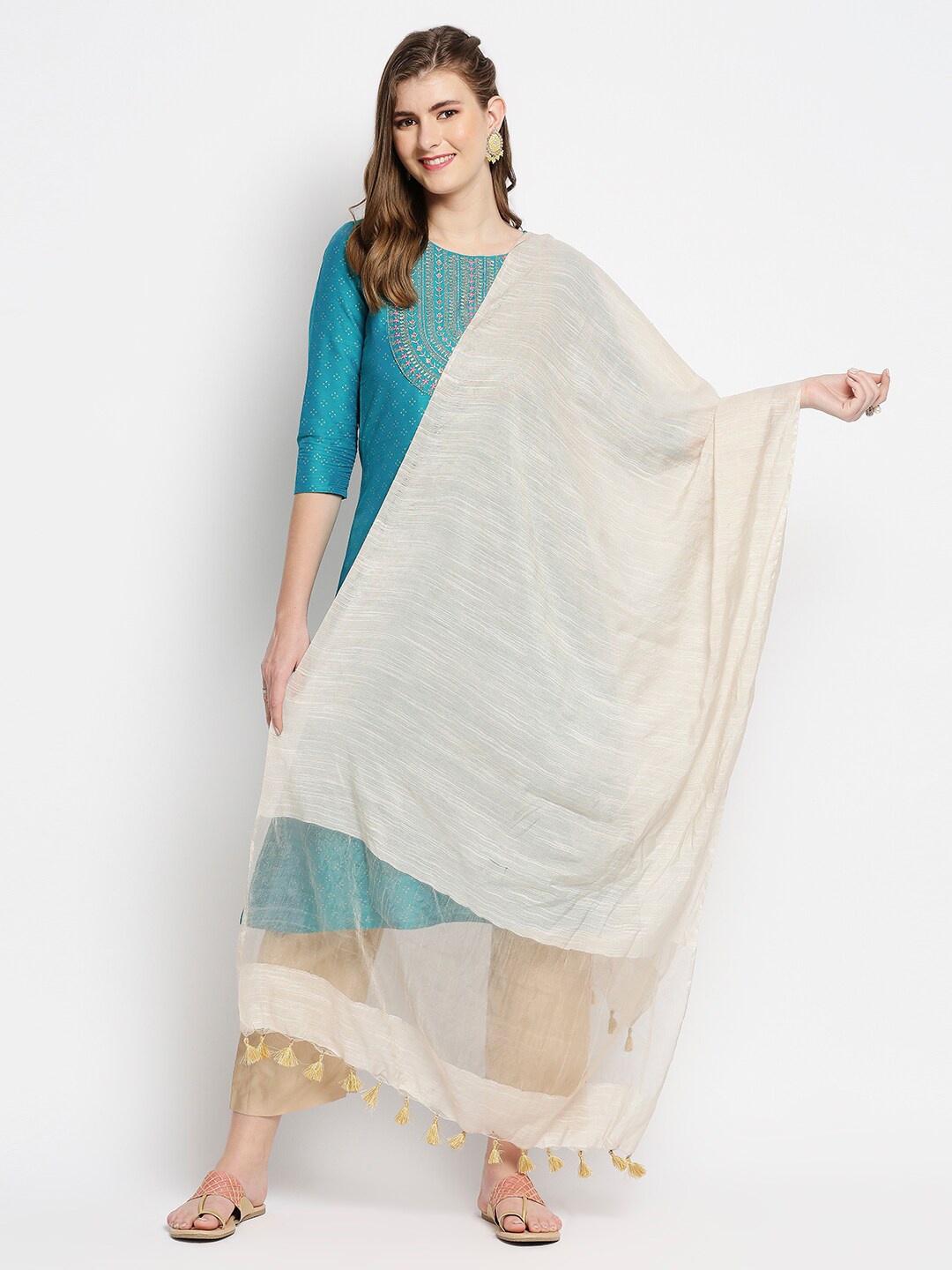 

Dupatta Bazaar Gold-Toned Woven Design Linen Dupatta